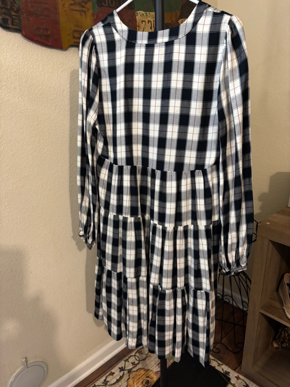 Anthropologie Maeve Black and White Plaid Tiered V-Neck Long Sleeve Dress - Picture 9 of 9